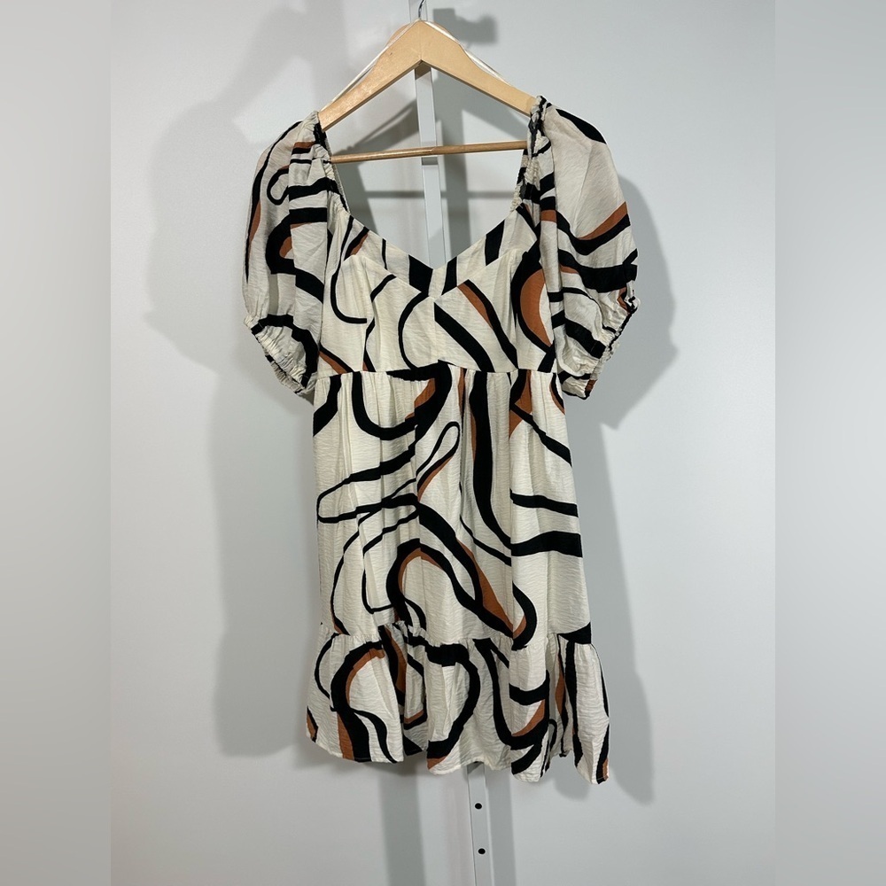 Nine West Abstract Print Puff Sleeve Mini Dress – Cream, Black & Rust, Size L